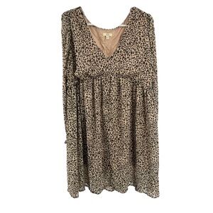 Kori America leopard print v-neck babydoll flowy dress lined casual L flirty